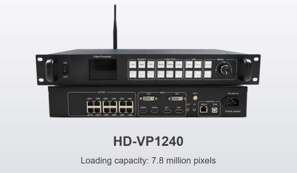 HD-VP1240 is a four windows display and 12 lines Gigabit Ethernet ouput LED video processor, the loading capacity is 7.8 million pixles, support 6 signal input and can swithing arbitrary, comes with Wi-Fi funciton, support mobile APP wireless control.