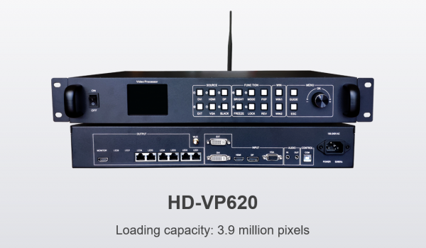 HD-VP620 is one powerful 2-in-1 controller which integrated the function of one single-picture video processing and one sending card, load capacity is 3.9 million pixels, the widest is 8000 pixels, and the highest is 3840 pixels, multi-signal input, support 4K video signal input and double windows display.